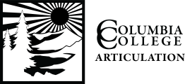 Black and white square filled with sun, mountain, a river and trees that says Columbia College Articulation.