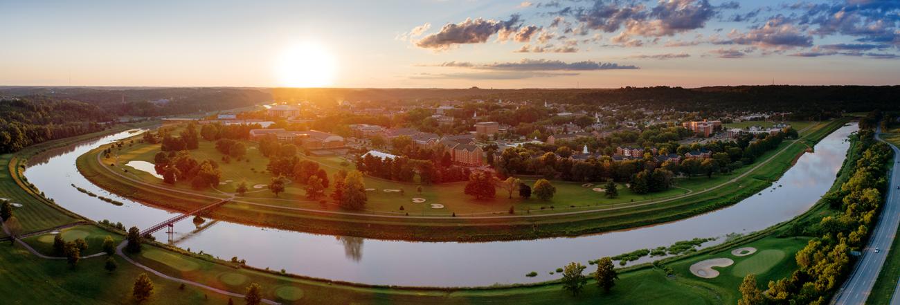 Aerial shot of Ohio University's south green