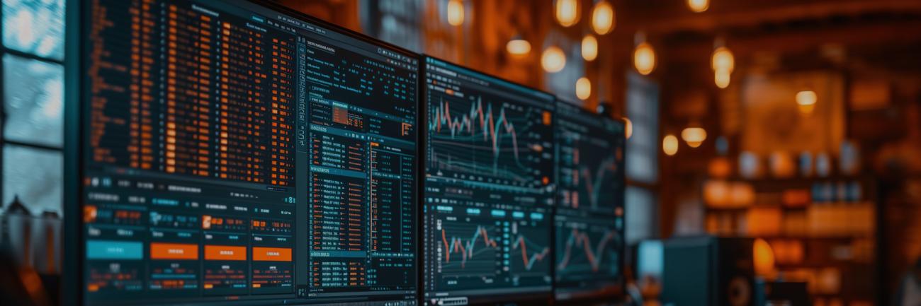 A futuristic look to multiple screens with economic tables and charts