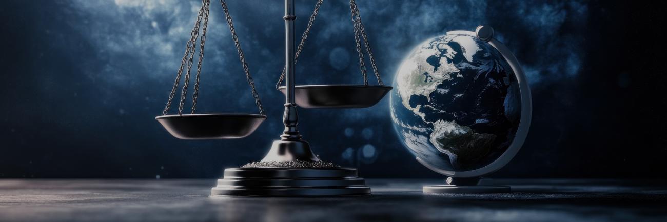 illustration of world and scales of justice