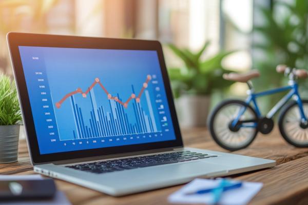 A big-tired bicycle next to an open laptop