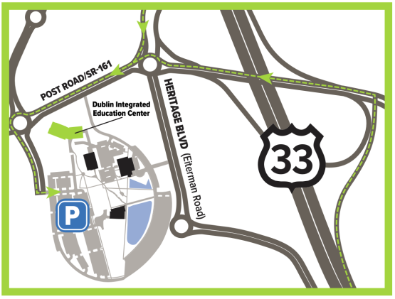 graphic showing dublin center location next to route 33