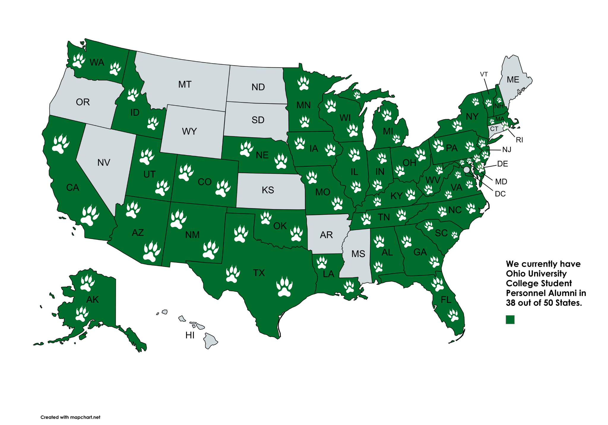 US Map highlighting the 38 states states where CSP graduates work.