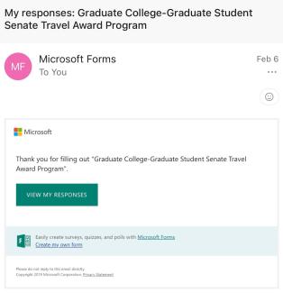 A MS Forms receipt for submitting a funding request.