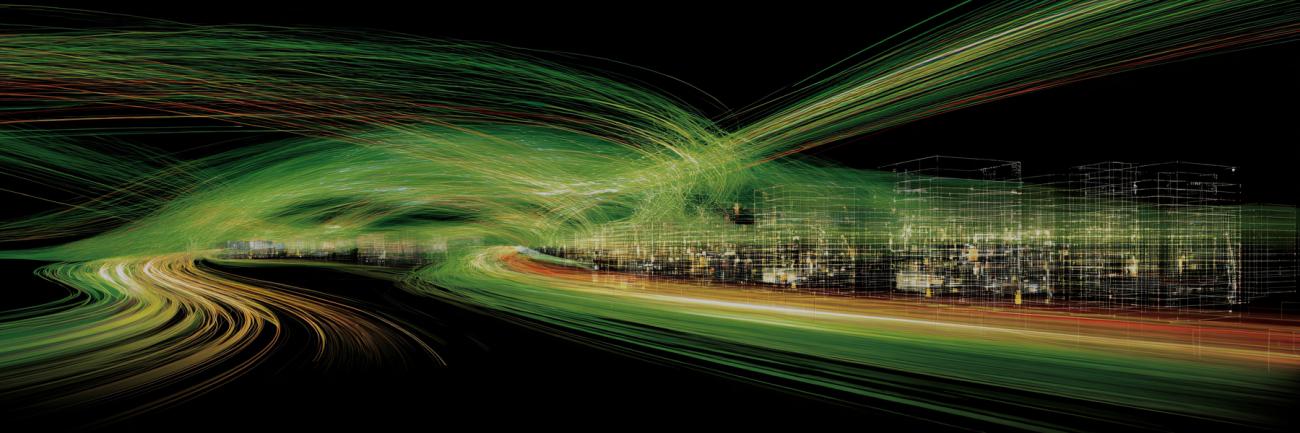 Illustration of autonomous vehicle data stream routed through racks,