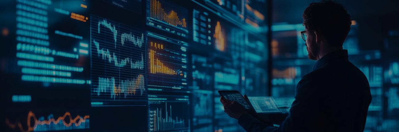 illustration of an engineer standing before multiple data screens 