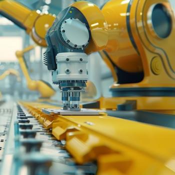 illustration of robotic assembly line into infinity
