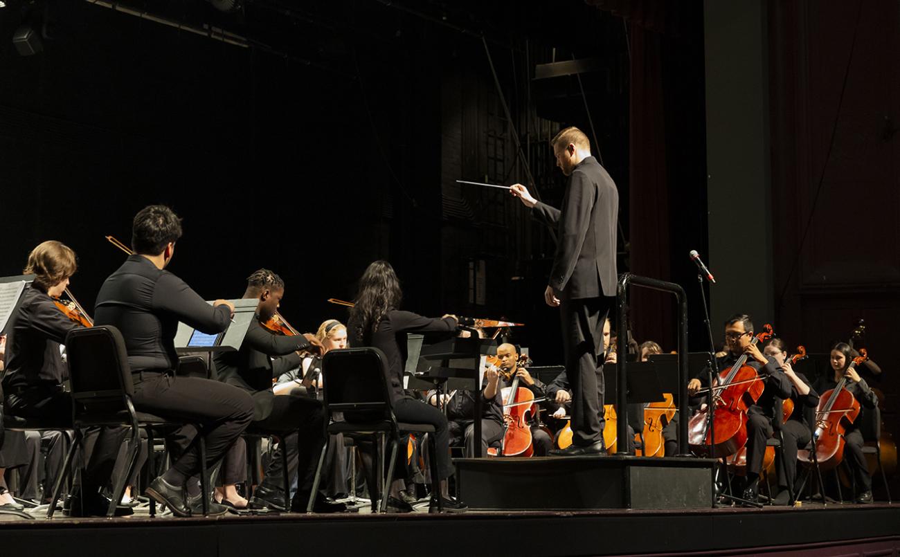 Conductor in front of orchestra.