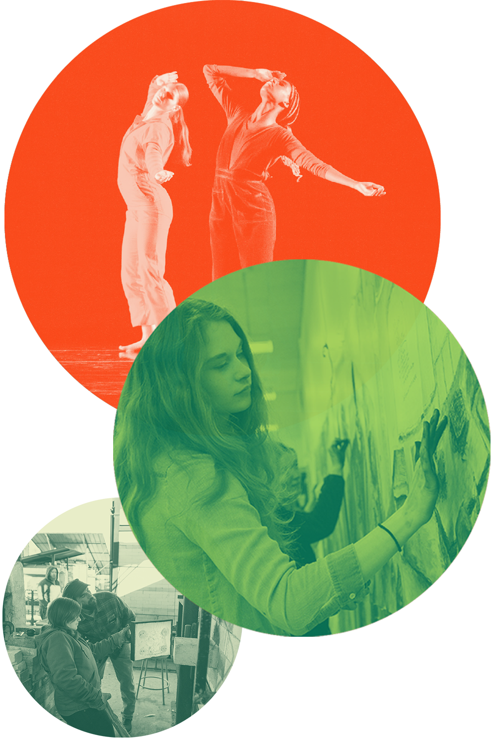3 circular cropped photos of people doing art. 1. people looking in a ceramics kiln. 2. two people performing a dance on a stage 3. woman painting with her fingers