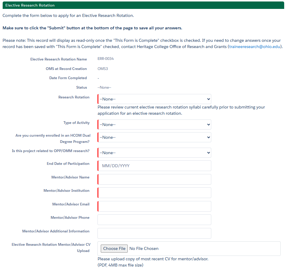 screenshot of elective research rotation application