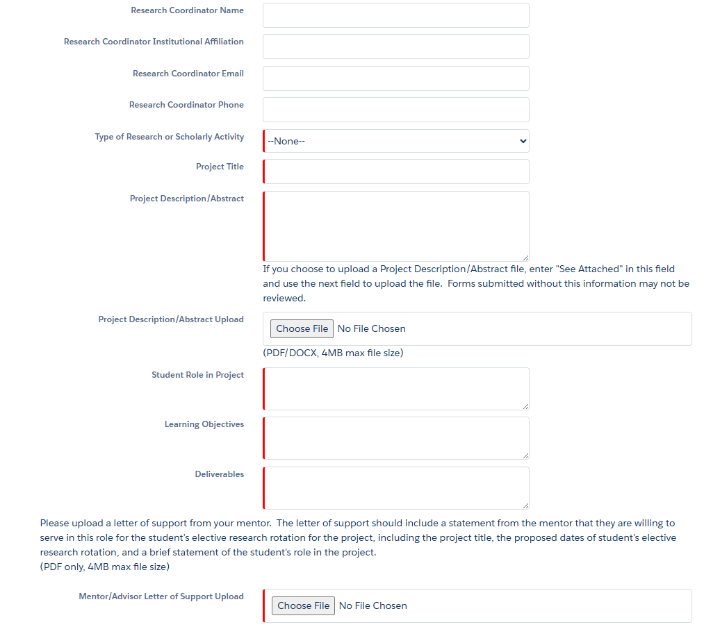 screenshot of elective research rotation application