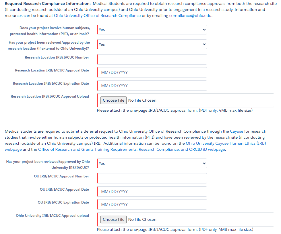 screenshot of elective research rotation application
