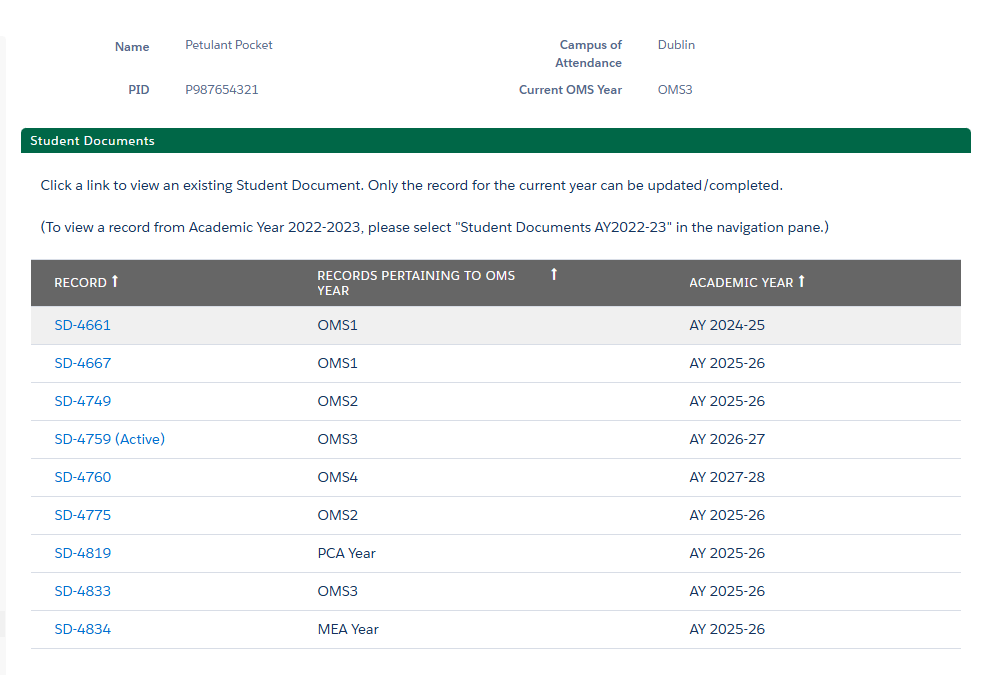 screenshot of student document OMS year page