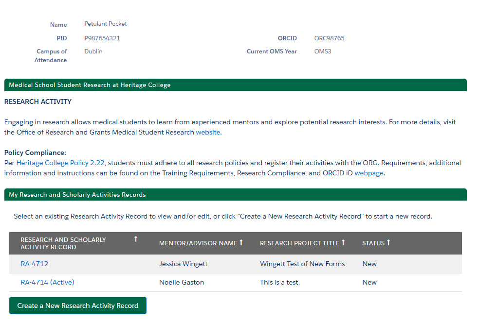 screenshot of research and scholarly activity record page