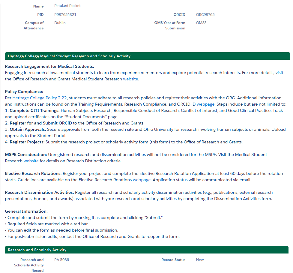 screenshot of research and scholarly activity record page