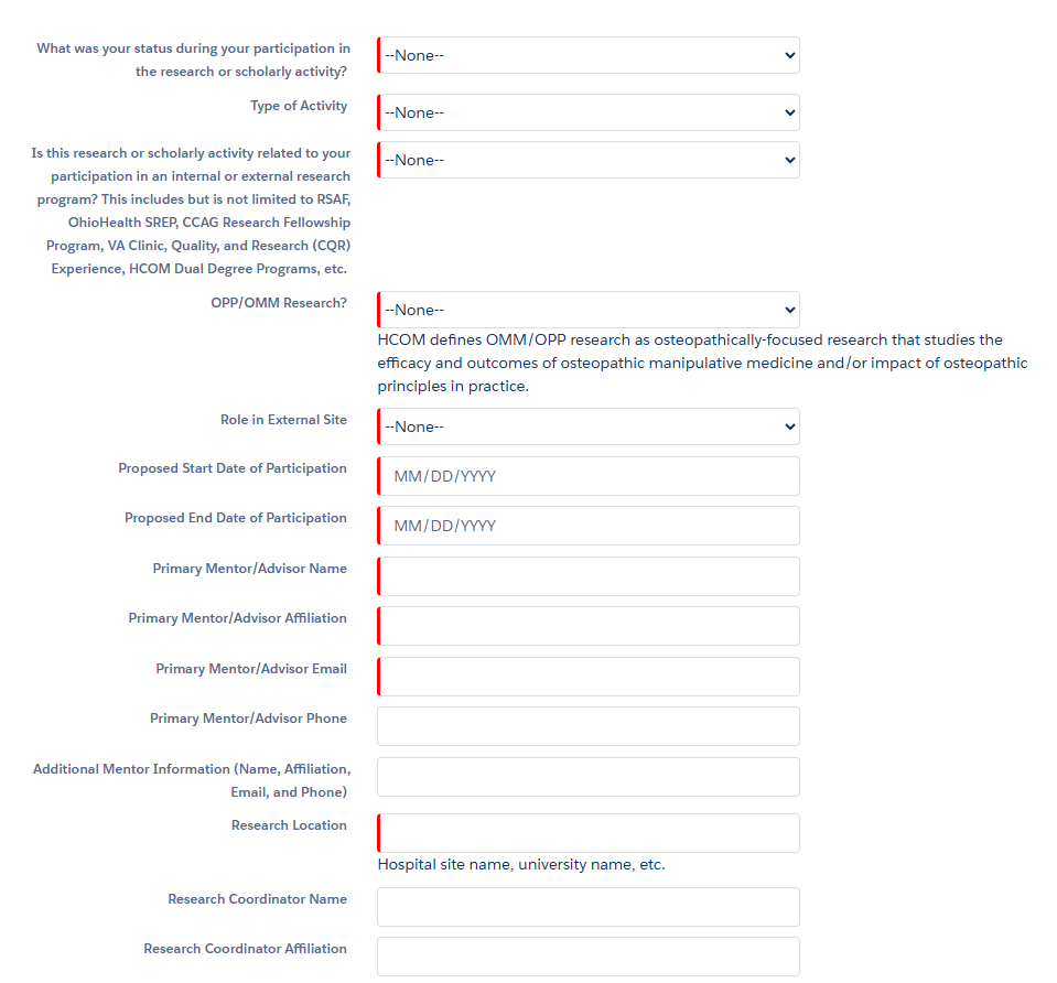 screenshot of research and scholarly activity record page
