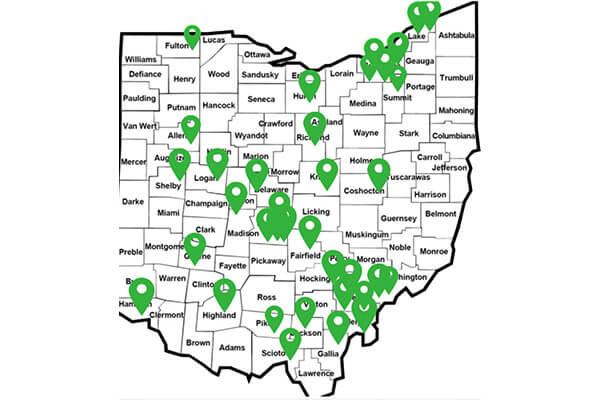 A map of Ohio with green markers indicating the locations where Heritage College students have completed their LIC rotations