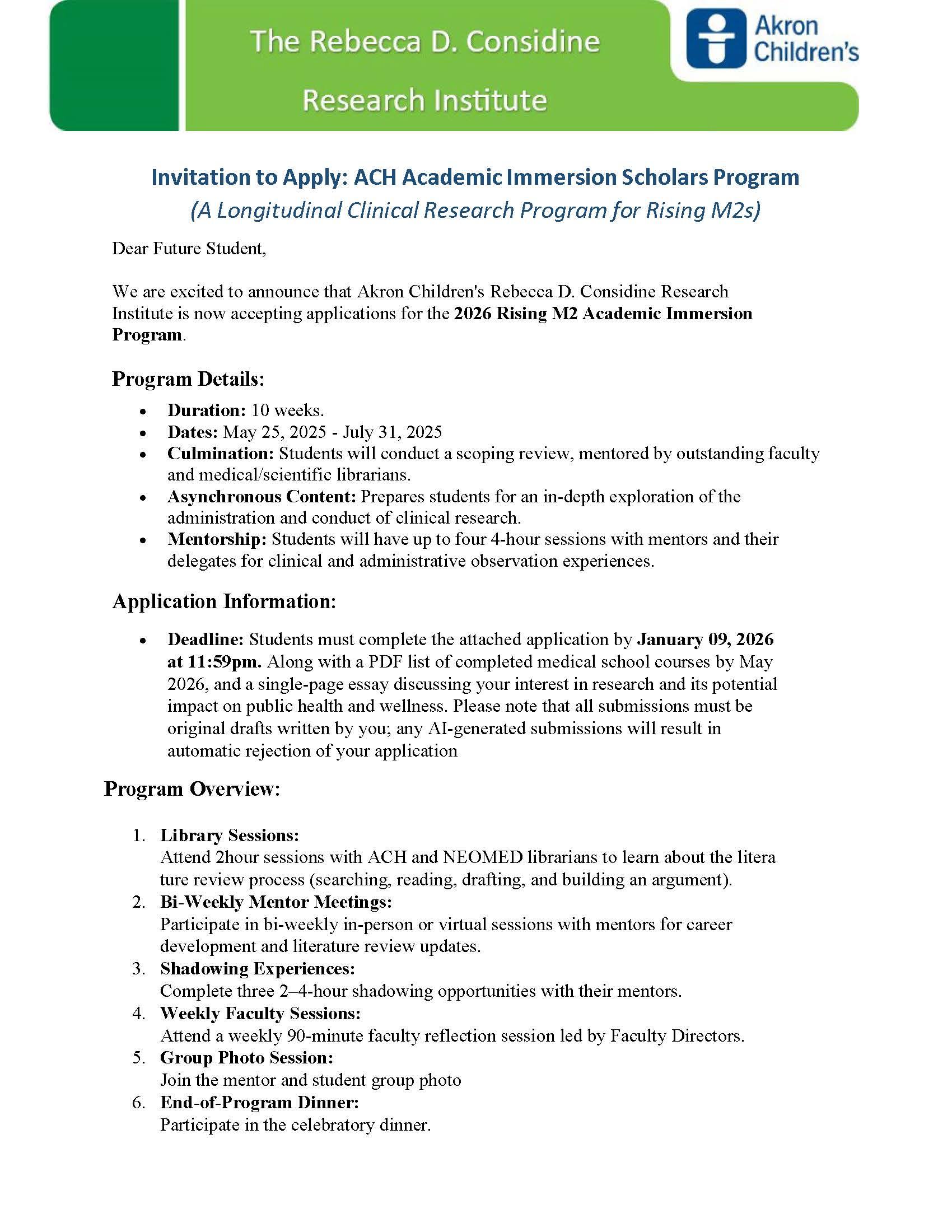 Flyer for 2026 ACH Academic Immersion Program with details on duration, dates, application deadline, and program activities.