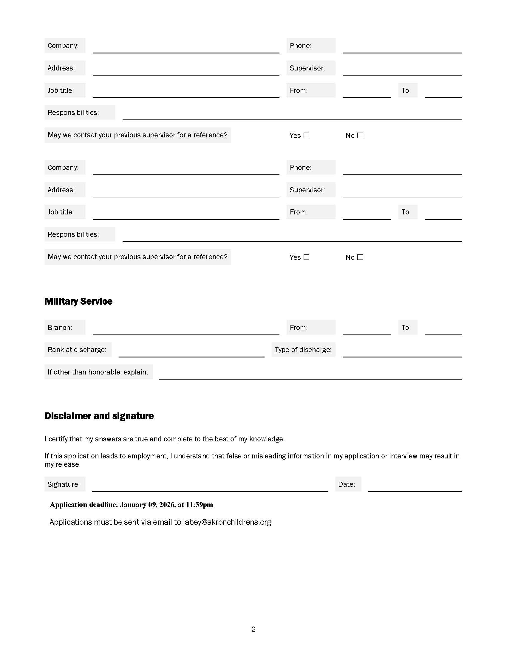 Application Page 2: Continuation of the Akron Children’s Hospital Academic Immersion Scholars Program application form. Includes additional previous employment sections, military service details (branch, service dates, rank, type of discharge, and explanation if not honorable), and a disclaimer with signature and date fields. Notes application deadline of January 9, 2026, at 11:59 PM and submission instructions via email to abby@akronchildrens.org.