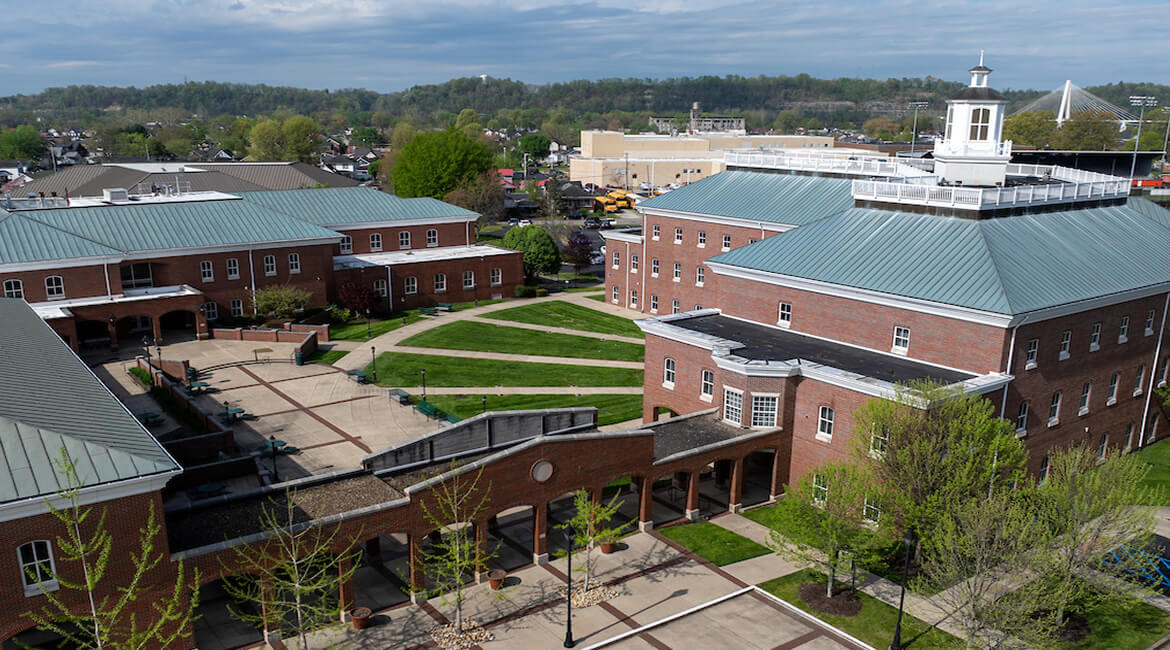 Aerial view of campus buildings and a quad on Southern Campus