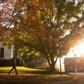 student walking down sidewalk with fall trees