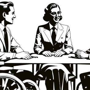 Retro image of three people around a table conducting an interview