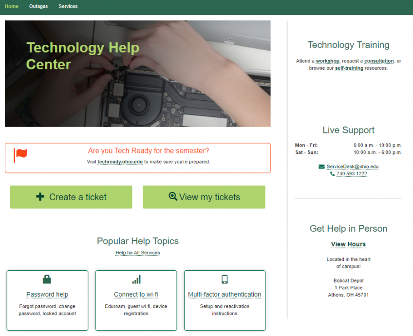A screenshot of the Technology Help Center website.