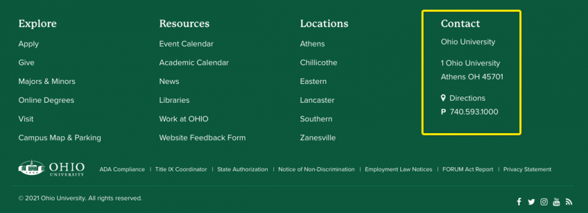 Screenshot of Ohio University website footer with contact information highlighted