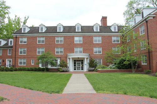 Biddle Hall view from the brick pathway