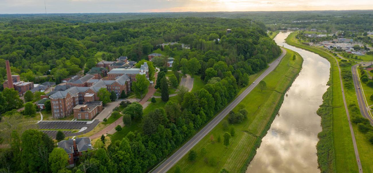 Aerial view of The Ridges buildings along the Hockhocking River in Athens, Ohio