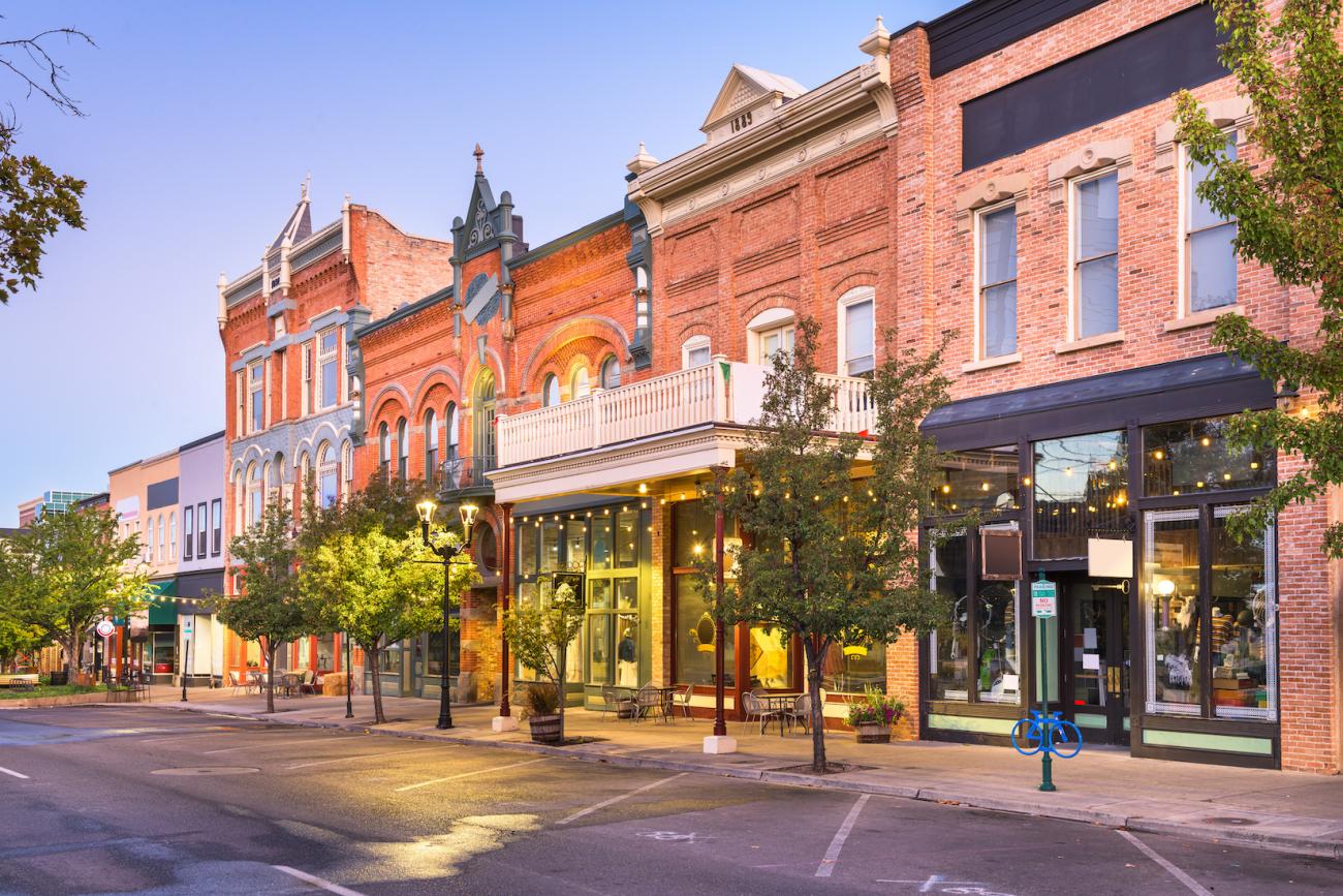 Downtown street lined with shops