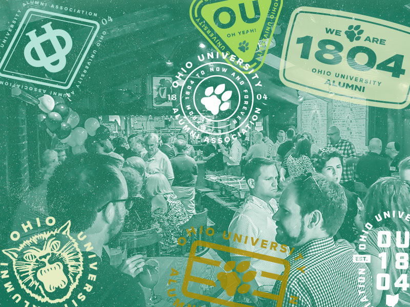 People mingling with OUAA logos over image.