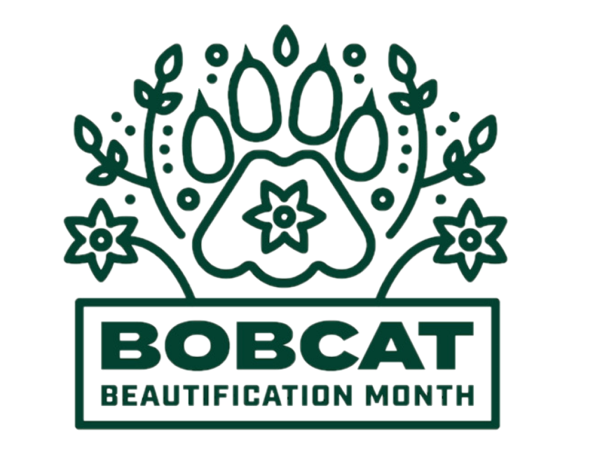 Bobcat Beautification Month logo with paw print and flowers.