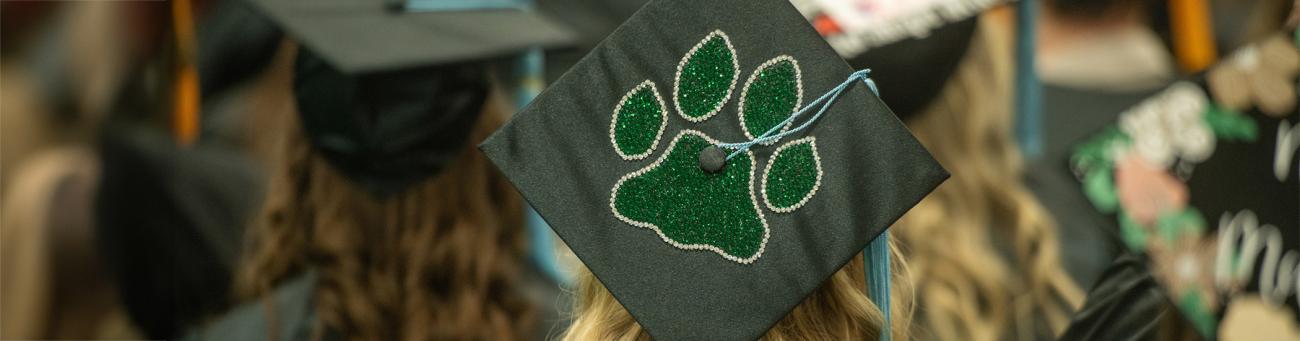 A close up view of a student's graduation cap, which is bejeweled with a paw print.