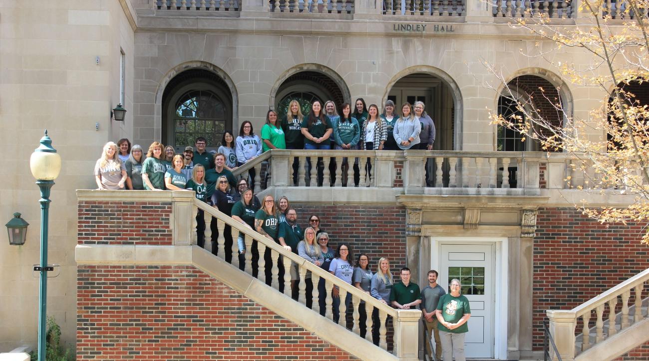 OHIO University Business Service Center Staff on the Stairs of Lindley Hall