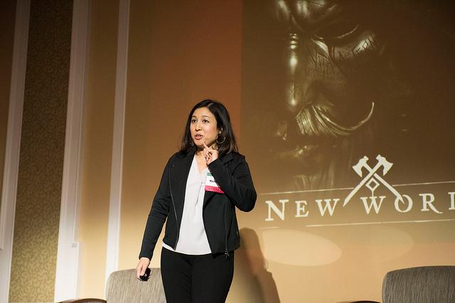 Myra Widodo delivers a keynote address at the Business of Games Summit