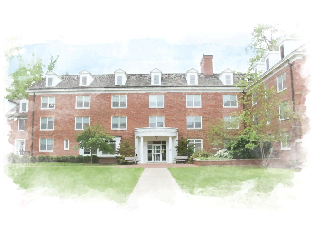 Biddle Hall with a watercolor filter
