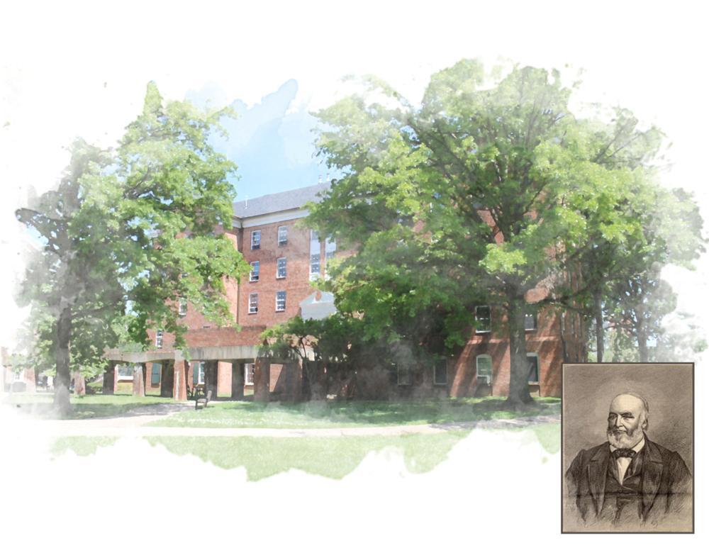 Brough Hall in watercolor with a portrait of John Brough in the lower right hand corner