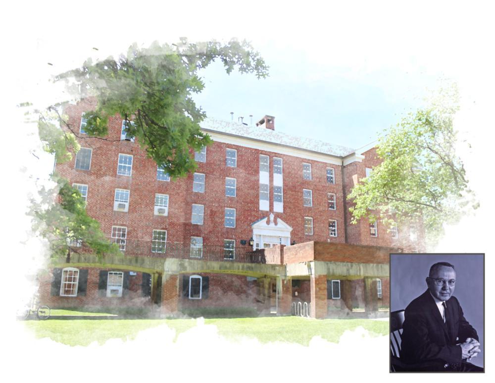 Cady Hall in water color with a portrait of John Cady in the lower right hand corner