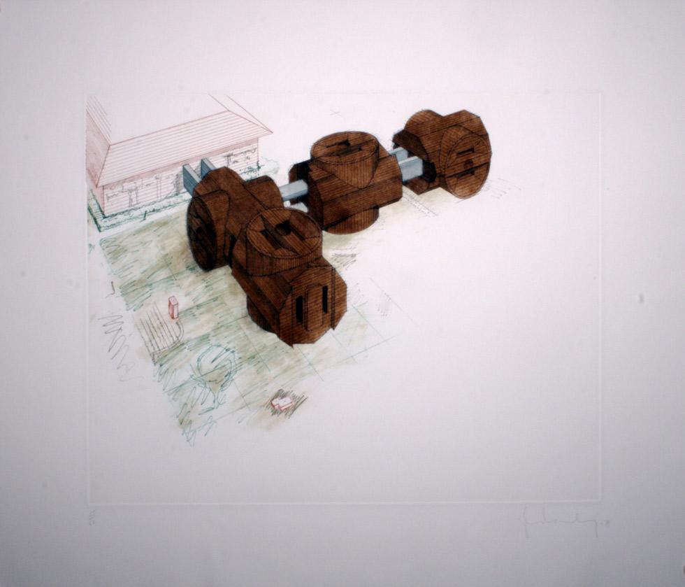 Alternate Proposal For an Addition to the Allen Memorial Museum, Oberlin, Ohio,1979, Claes Oldenburg (Swedish, b. 1929), etching, 34” x 40.75” (86.3cm x 103.5cm), published by Multiples/Marian Goodman, NYC,  KMA 81.031.i2