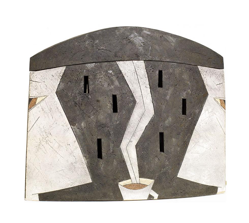 Tea For Two, 1996, Eugendus Cibinskas, stoneware, slip and glazes, 18 in. x 22.75 in. x 7.75 in. (45.7cm x 57.8cm x 19.7cm), 96.002.4. Gift of the artist.