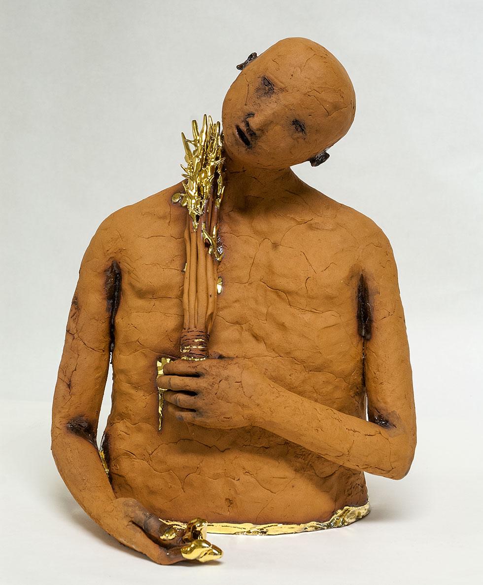 Man of Sorrows, 2010, Claire Curneen, terracotta and gold luster, 16 in. x 12.5 in. x 10 in. (40.6cm x 31.8cm x 25.4cm), 2012.05.03.