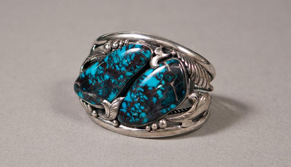 Two Bisbee Stone Bracelet, 1973-74, Fred Thompson, Navajo, 89.016.638. Gift of Edwin L. and Ruth E. Kennedy.