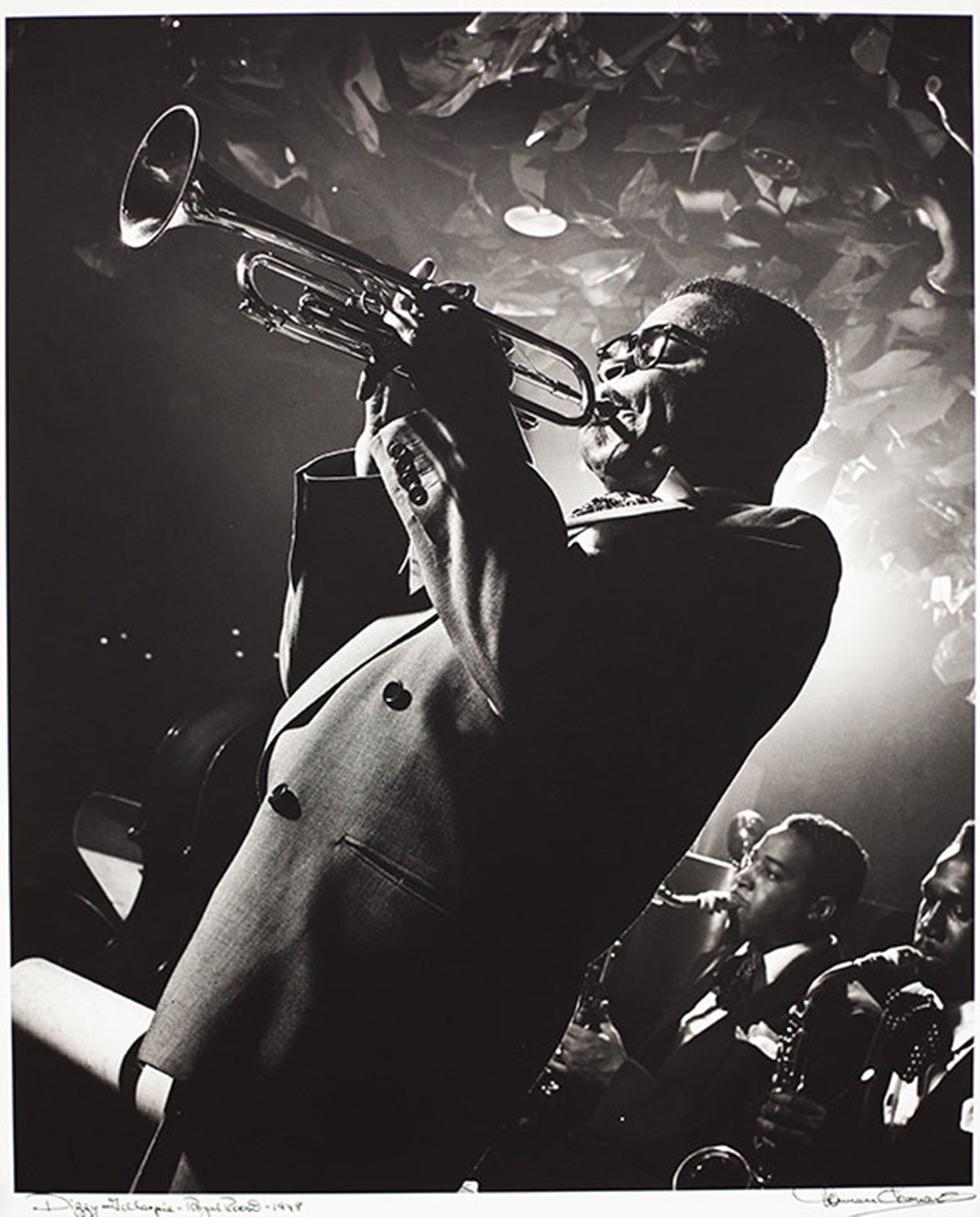 Dizzy Gillespie, Royal Roost - NYC, 1948, Herman Leonard, gelatin silver, 20 x 16 in. (50.8 x 40.6cm), 93.004.14. Gift of the artist.