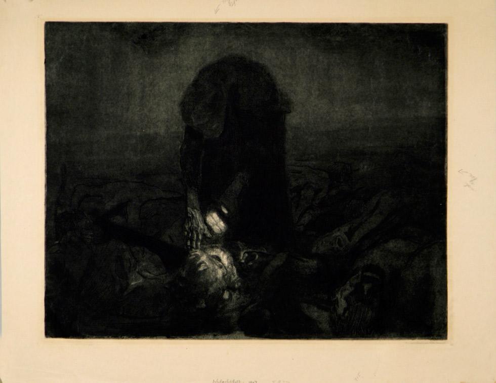 Schlachtfeld, 1907, Käthe Kollwitz (German, 1867-1945), etching, aquatint, engraving and plate tone, 19” x 24.5” (48.26cm x 62.23cm), KMA 75.015.i0