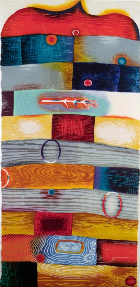 Scrap Gate, 1996, Karen Kunc (American, b. 1952), woodcut, stencil 42" x 20" (106.7cm x 50.8cm), KMA 98.004.7