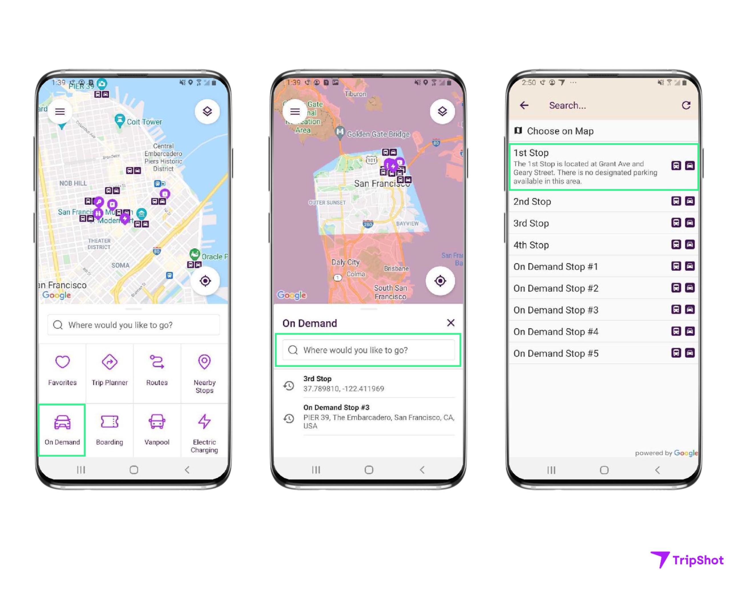 Images of 3 phones display what options to select to make a reservation. 1. On demand 2. Where Would You Like to Go? 3. 1st Stop