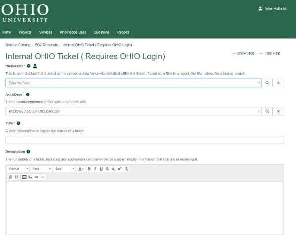 TDX ticketing system, ticket submission page