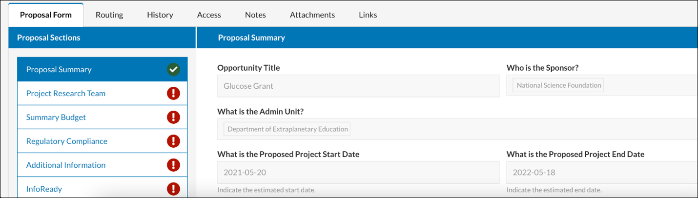 Picture of proposal review displaying red exclamation marks.