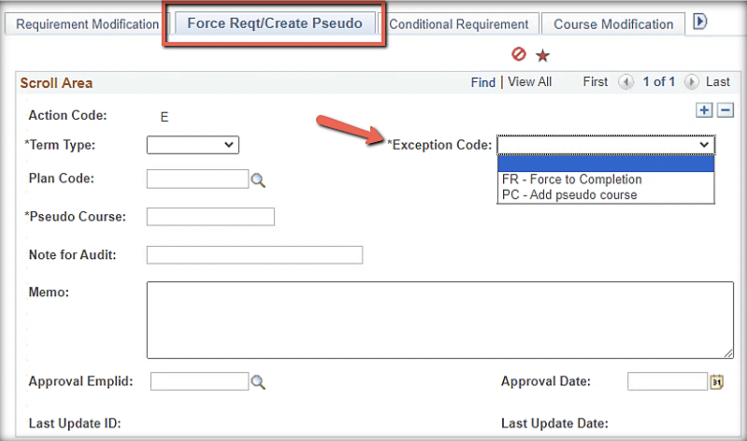 Requirement Modification tab